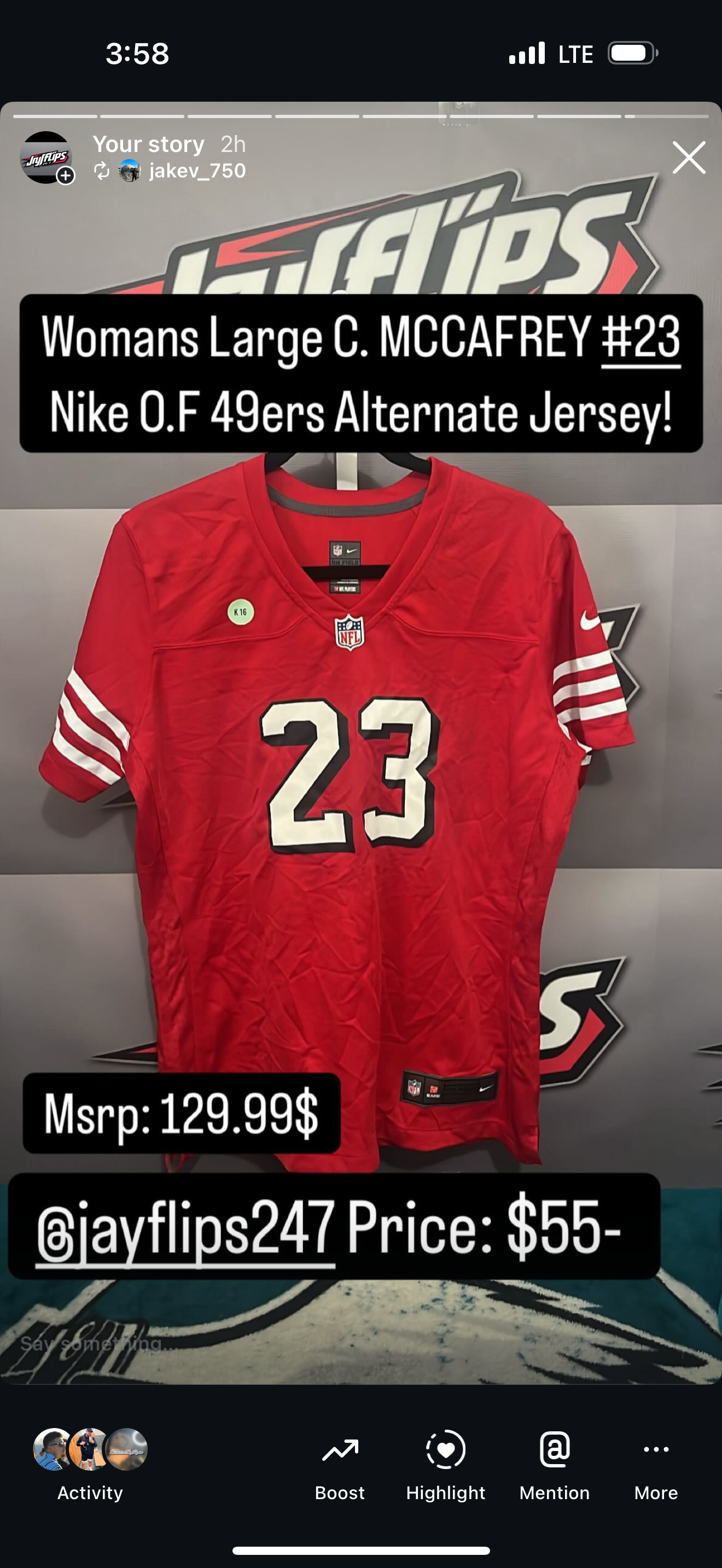 Womans Large San Francisco 49ers #23 Mccaffrey ALT throwback jersey